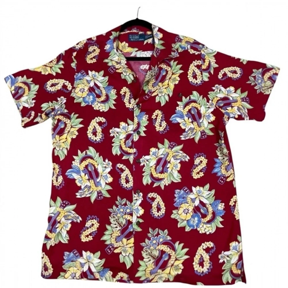 Polo Ralph Lauren Floral Lei Ukulele Hawaiian Preppy Summer Fun Camp Shirt Sz M